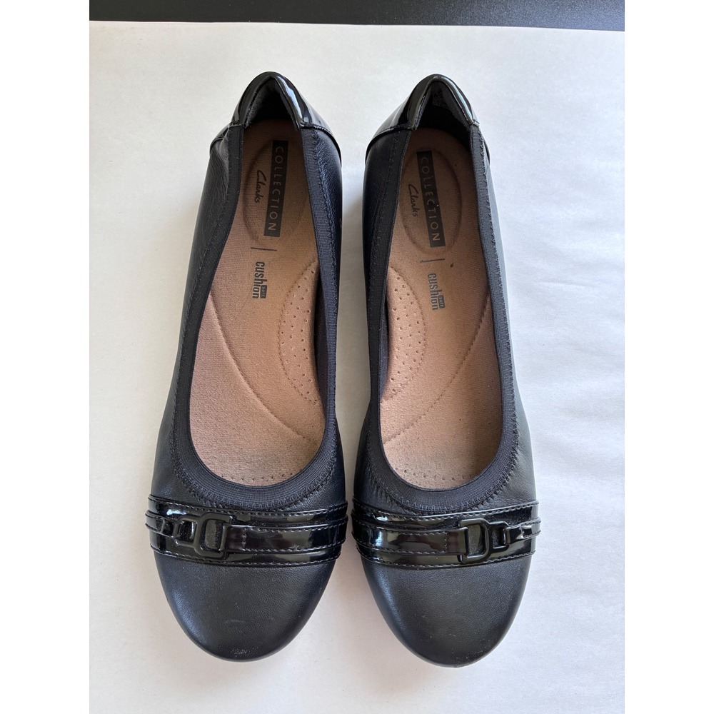 Clarks Collection Black Leather Patent Buckle Flats Womens 9 M 26128894 Cushion